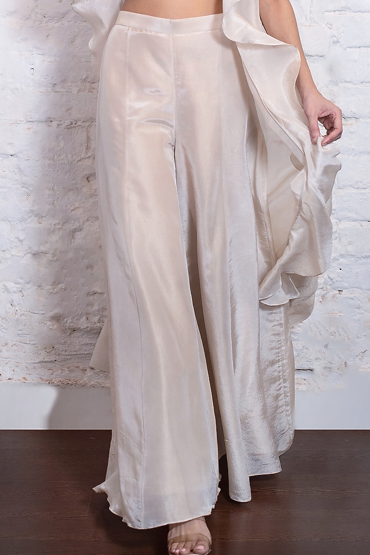 Ivory Tissue Silk Ruffled Jacket Set by Vasavi Shah at Pernia's Pop Up Shop