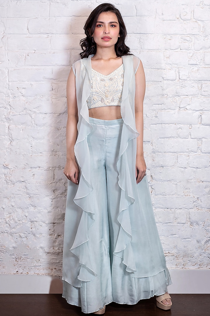 Turquoise Blue Silk Organza Ruffled Jacket Set by Vasavi Shah at Pernia's Pop Up Shop