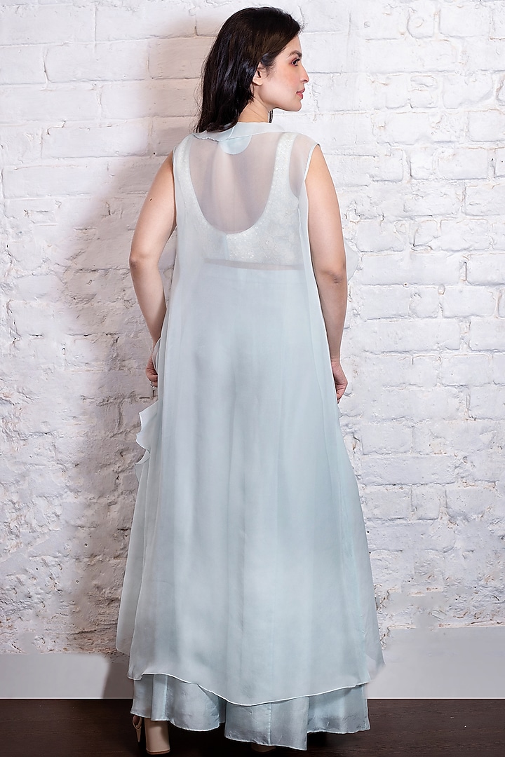 Turquoise Blue Silk Organza Ruffled Jacket Set by Vasavi Shah at Pernia's Pop Up Shop