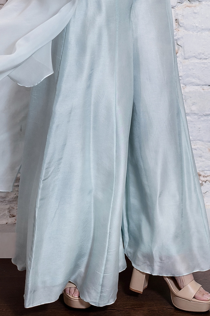 Turquoise Blue Silk Organza Ruffled Jacket Set by Vasavi Shah at Pernia's Pop Up Shop