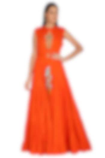 Orange Embroidered Crop Top With Palazzo Pants & Jacket by Vasavi Shah