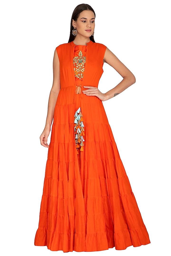Orange Embroidered Crop Top With Palazzo Pants & Jacket by Vasavi Shah