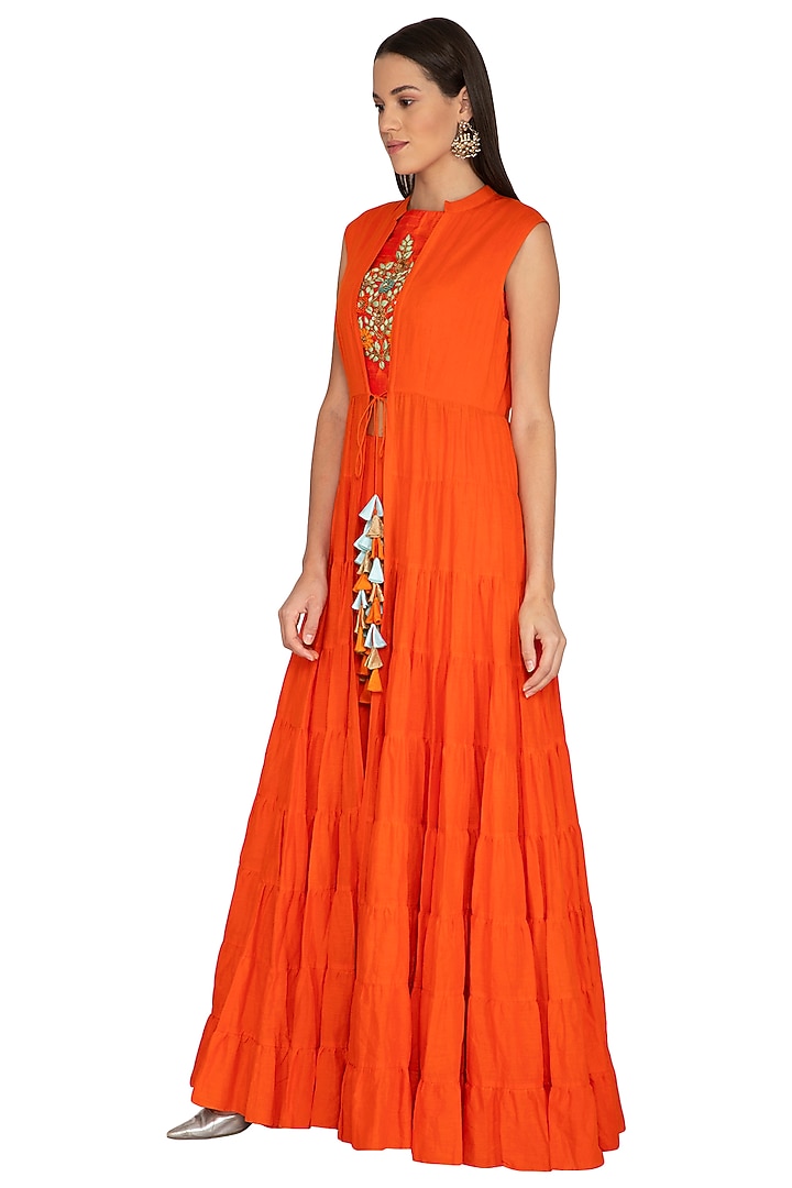 Orange Embroidered Crop Top With Palazzo Pants & Jacket by Vasavi Shah at Pernia's Pop Up Shop