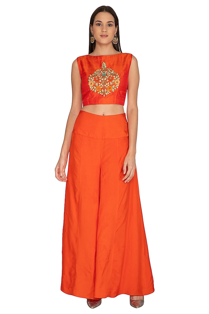 Orange Embroidered Crop Top With Palazzo Pants & Jacket by Vasavi Shah at Pernia's Pop Up Shop