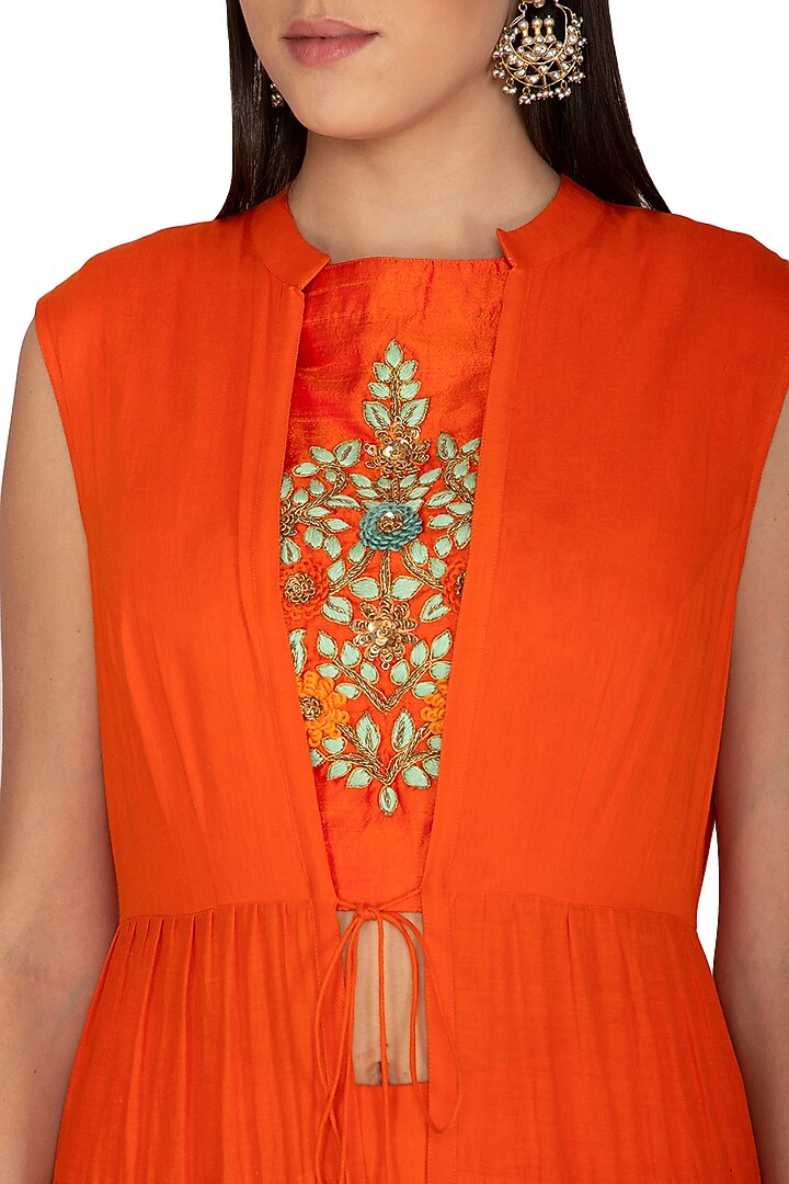 Orange Embroidered Crop Top With Palazzo Pants & Jacket by Vasavi Shah at Pernia's Pop Up Shop