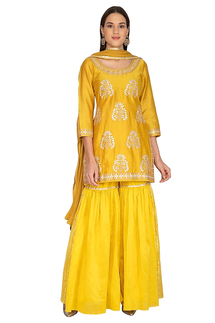 Mustard Yellow Embroidered Sharara Set by Vasavi Shah