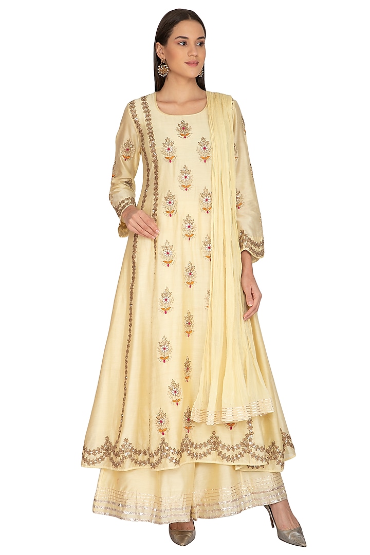 Ivory Embroidered Sharara Set by Vasavi Shah