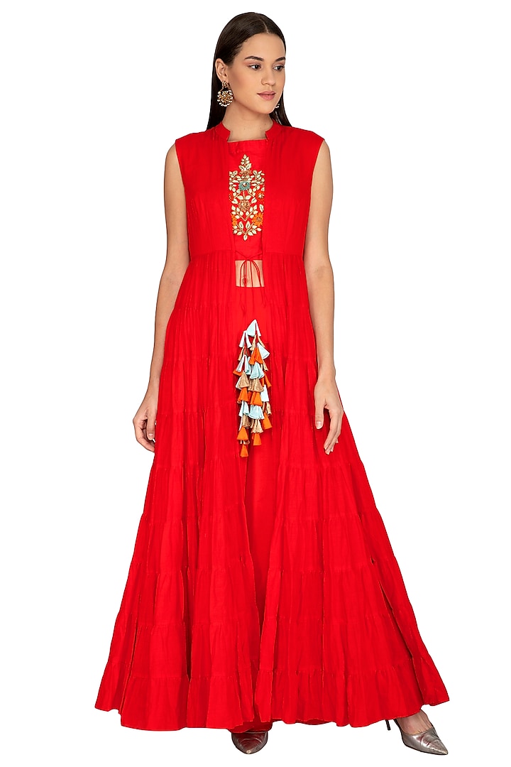 Red Embroidered Crop Top With Palazzo Pants & Jacket by Vasavi Shah