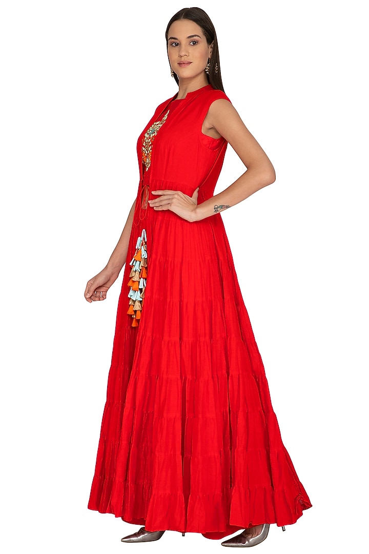 Red Embroidered Crop Top With Palazzo Pants & Jacket by Vasavi Shah at Pernia's Pop Up Shop