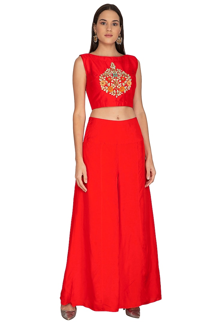 Red Embroidered Crop Top With Palazzo Pants & Jacket by Vasavi Shah at Pernia's Pop Up Shop