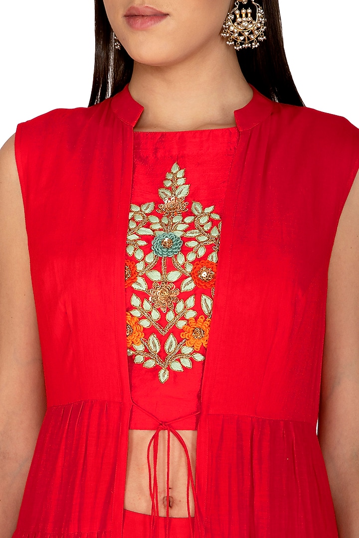 Red Embroidered Crop Top With Palazzo Pants & Jacket by Vasavi Shah at Pernia's Pop Up Shop