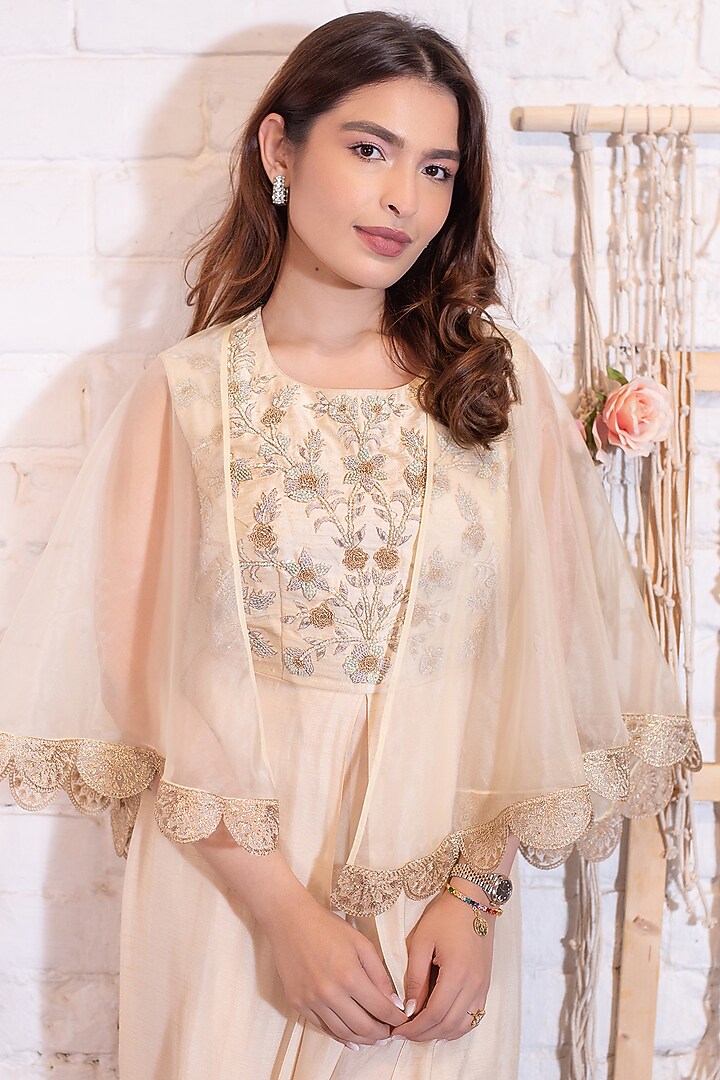 Nude Embroidered Jumpsuit With Cape by Vasavi Shah at Pernia's Pop Up Shop