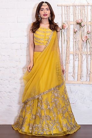 Lime Yellow Embroidered Lehenga Set by Vasavi Shah