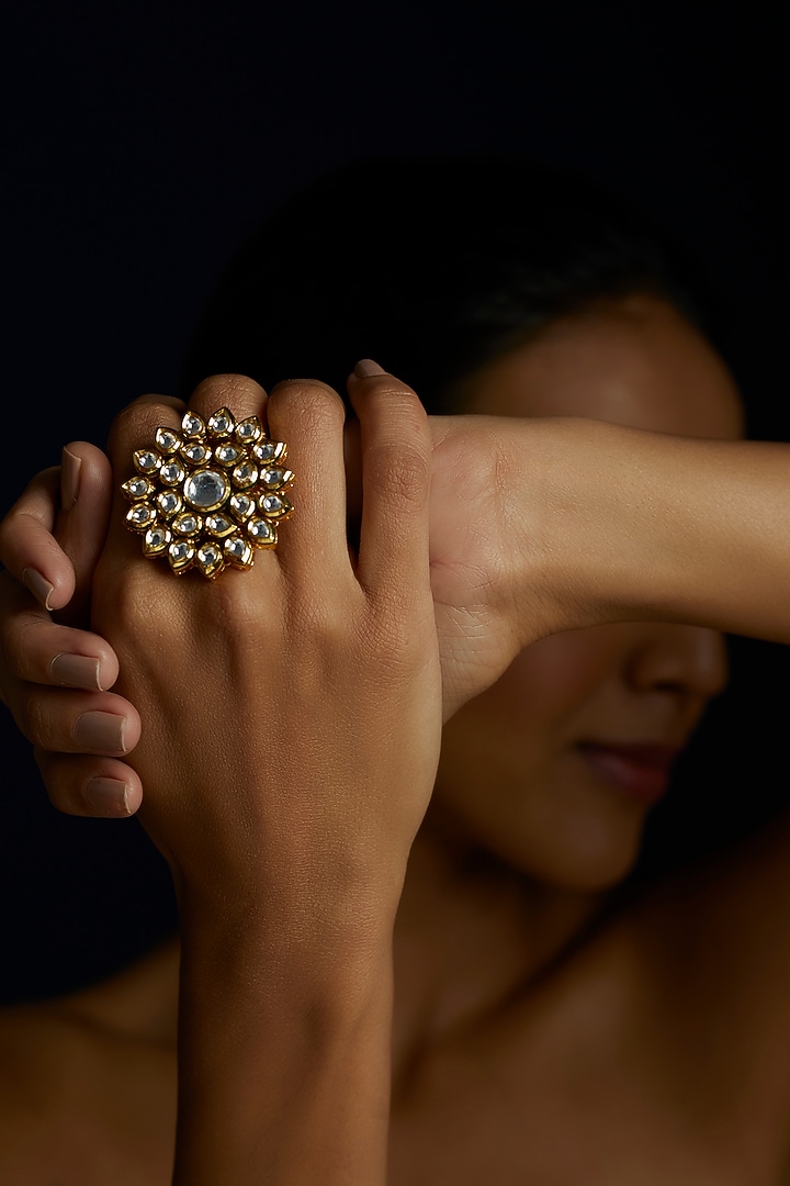 Gold Finish Kundan Polki Ring by VASTRAA Jewellery at Pernia's Pop Up Shop