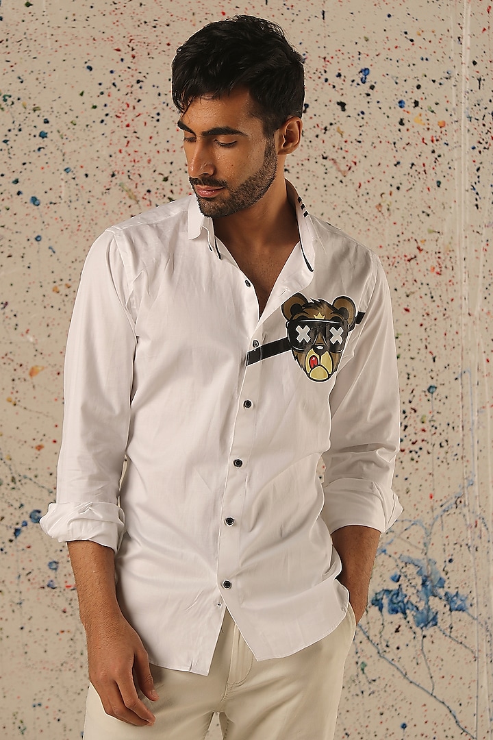 White Egyptian Giza Cotton Printed Shirt by Vasnam Jaipur at Pernia's Pop Up Shop