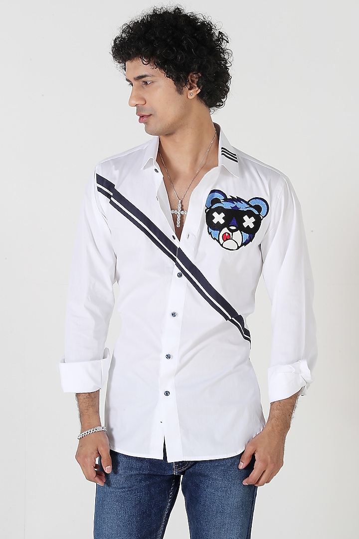 White Egyptian Giza Cotton Embroidered Shirt by Vasnam Jaipur at Pernia's Pop Up Shop