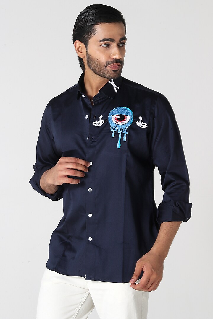 Blue Egyptian Giza Cotton Embroidered Shirt by Vasnam Jaipur at Pernia's Pop Up Shop