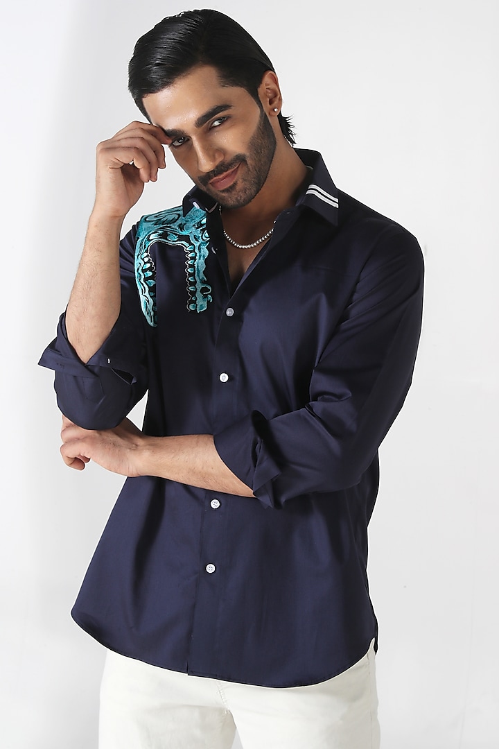 Blue Egyptian Giza Cotton Embroidered Shirt by Vasnam Jaipur at Pernia's Pop Up Shop