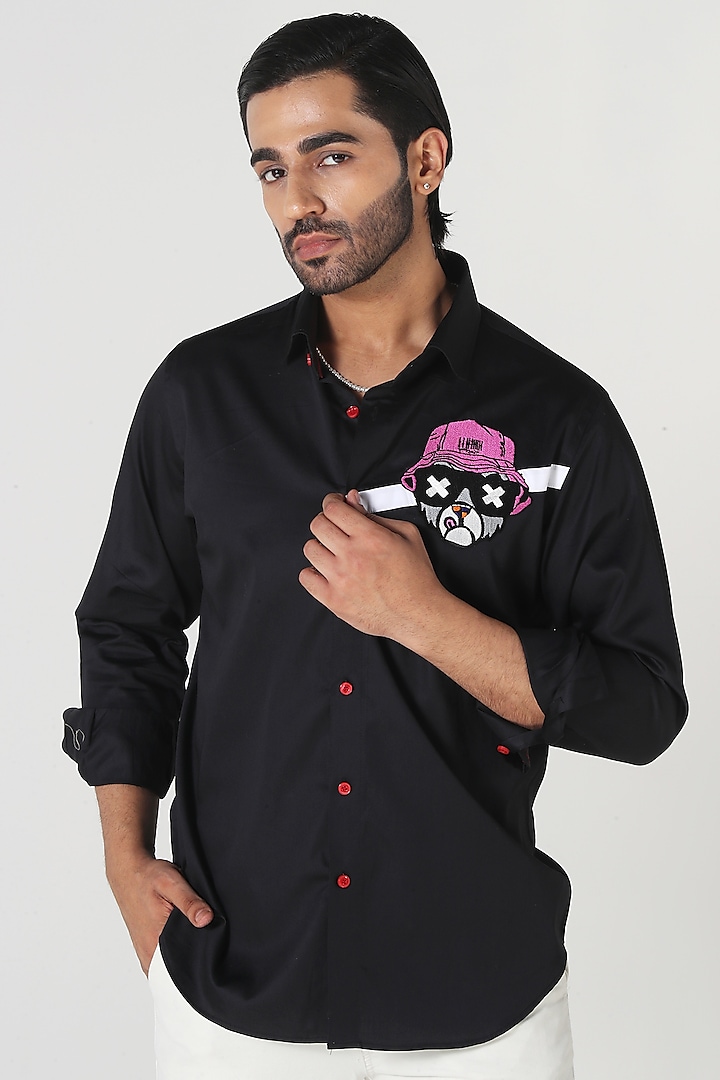 Black Egyptian Giza Cotton Embroidered Shirt by Vasnam Jaipur at Pernia's Pop Up Shop