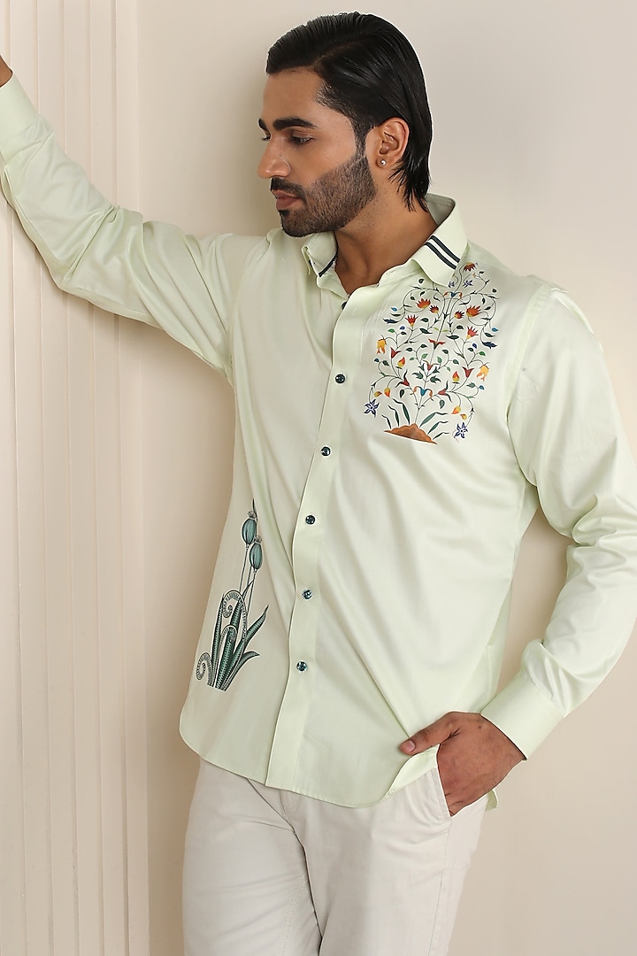 Green Egyptian Giza Cotton Printed Shirt by Vasnam Jaipur at Pernia's Pop Up Shop