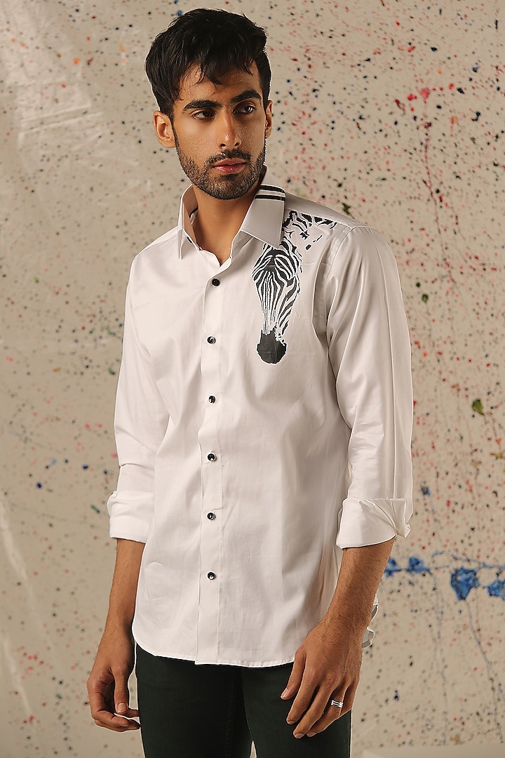 White Egyptian Giza Cotton Printed Shirt by Vasnam Jaipur at Pernia's Pop Up Shop