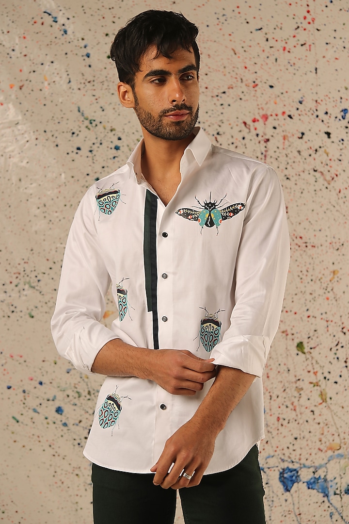 White Egyptian Giza Cotton Printed Shirt by Vasnam Jaipur at Pernia's Pop Up Shop