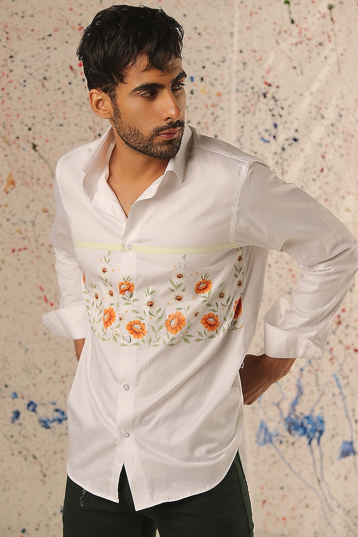 White Egyptian Giza Cotton Printed Shirt by Vasnam Jaipur at Pernia's Pop Up Shop