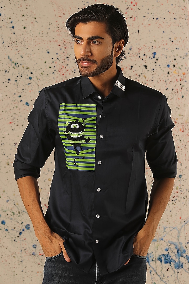 Black Egyptian Giza Cotton Printed Shirt by Vasnam Jaipur at Pernia's Pop Up Shop