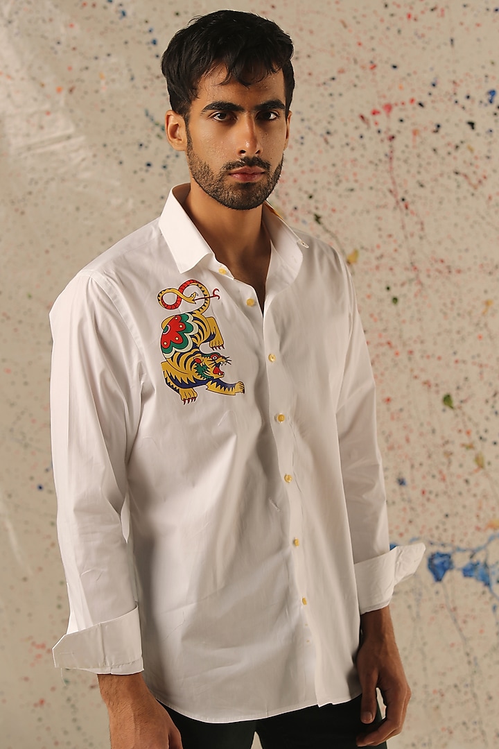 White Egyptian Giza Cotton Printed Shirt by Vasnam Jaipur at Pernia's Pop Up Shop