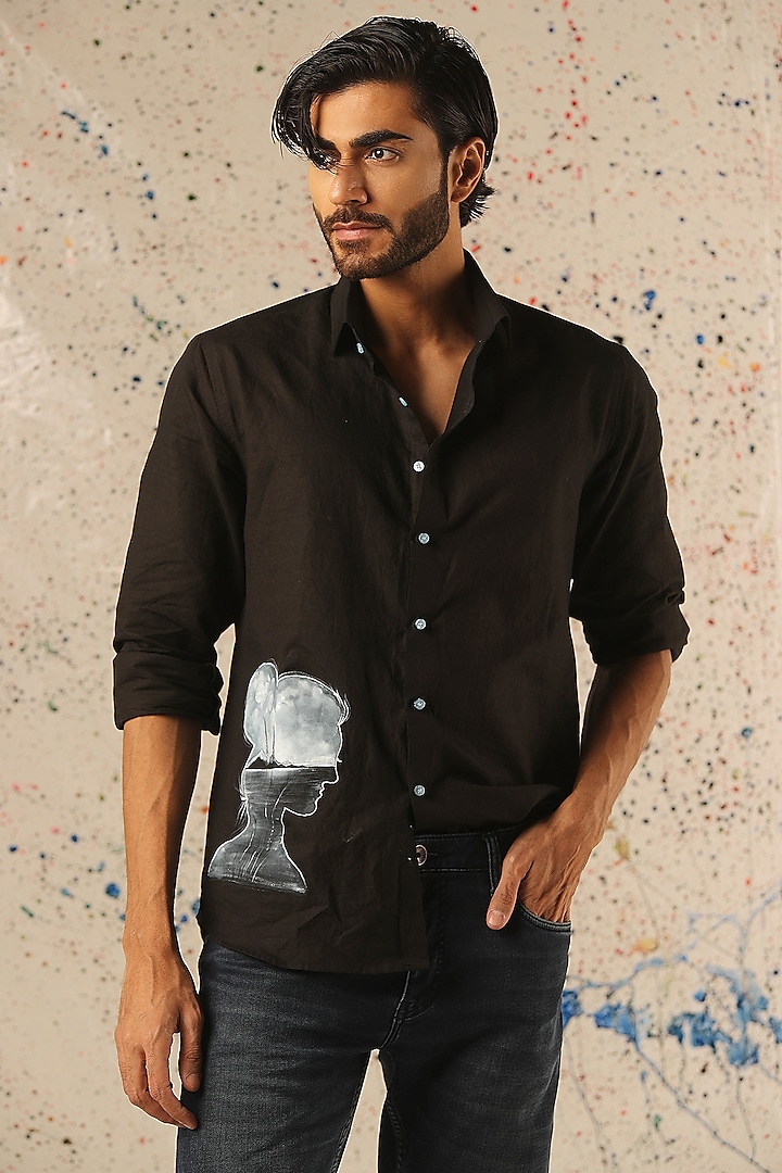 Black Egyptian Giza Cotton Hand Painted Shirt by Vasnam Jaipur at Pernia's Pop Up Shop