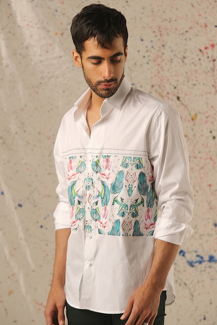 White Egyptian Giza Cotton Printed Shirt by Vasnam Jaipur at Pernia's Pop Up Shop