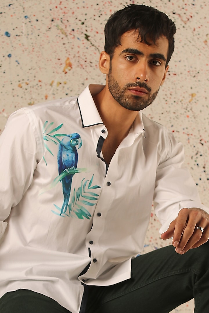 White Egyptian Giza Cotton Printed Shirt by Vasnam Jaipur at Pernia's Pop Up Shop