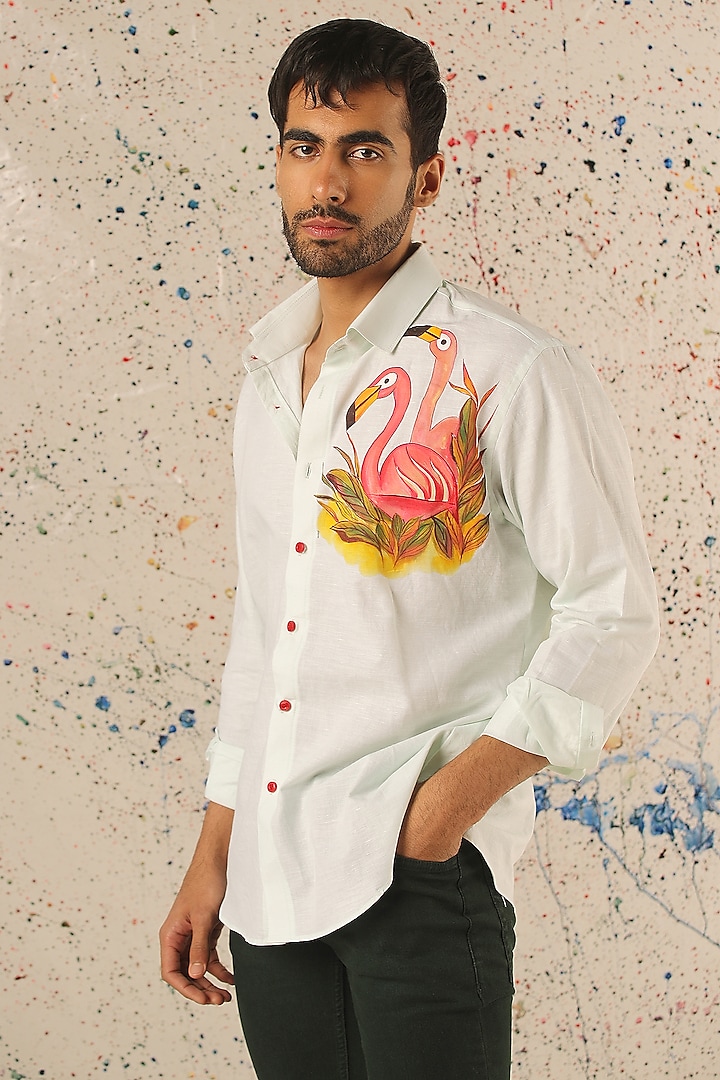 White Egyptian Giza Cotton Hand Painted Shirt by Vasnam Jaipur