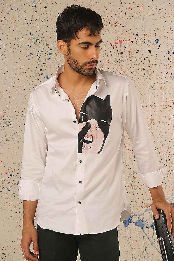 White Egyptian Giza Cotton Printed Shirt by Vasnam Jaipur at Pernia's Pop Up Shop