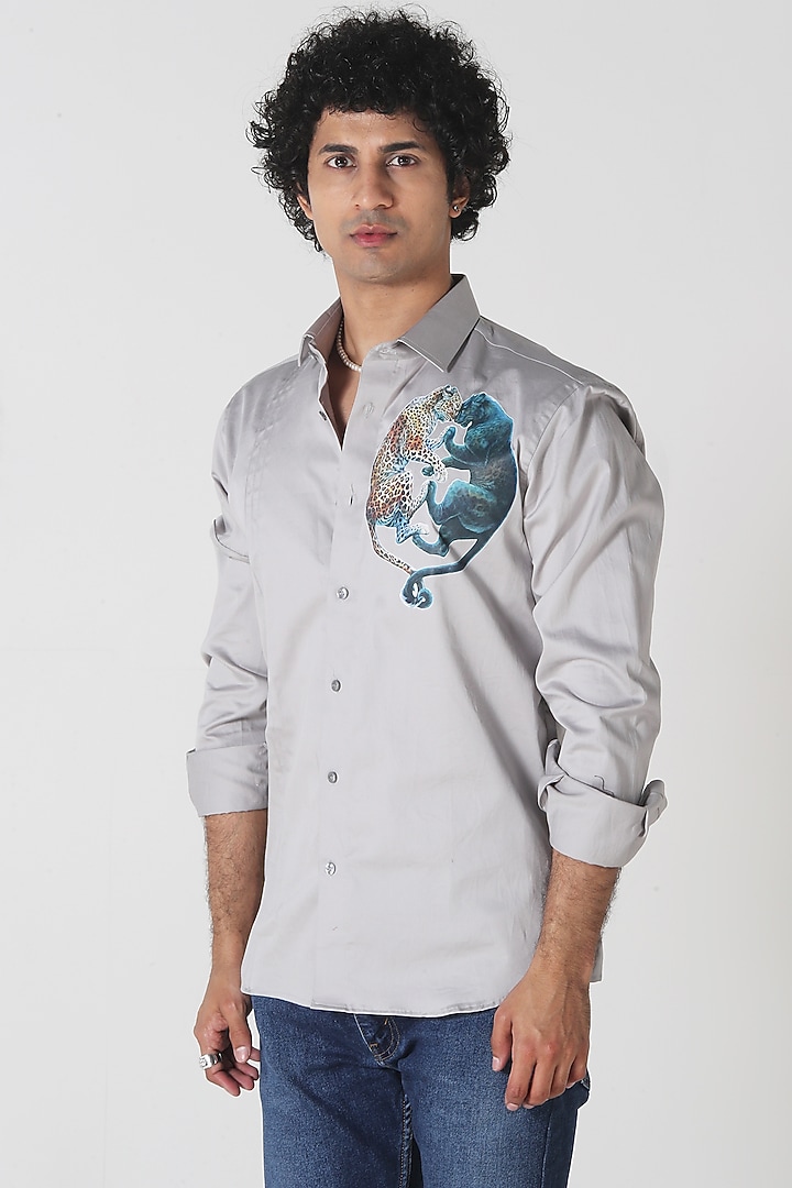 Grey Egyptian Giza Cotton Digital Printed Summer Shirt by Vasnam Jaipur at Pernia's Pop Up Shop