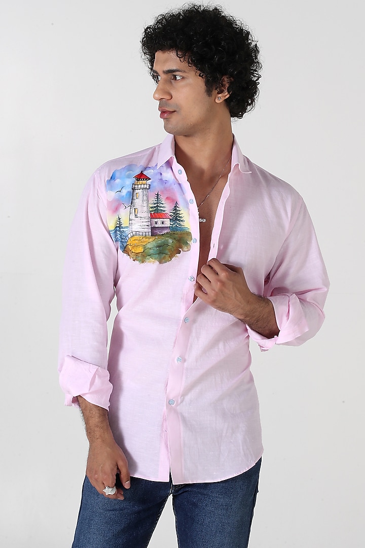 Pink Linen Hand Painted Party Wear Shirt by Vasnam Jaipur at Pernia's Pop Up Shop