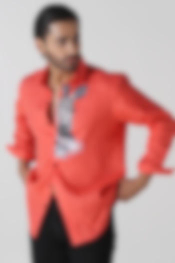 Orange Linen Hand Painted Party Wear Shirt by Vasnam Jaipur at Pernia's Pop Up Shop