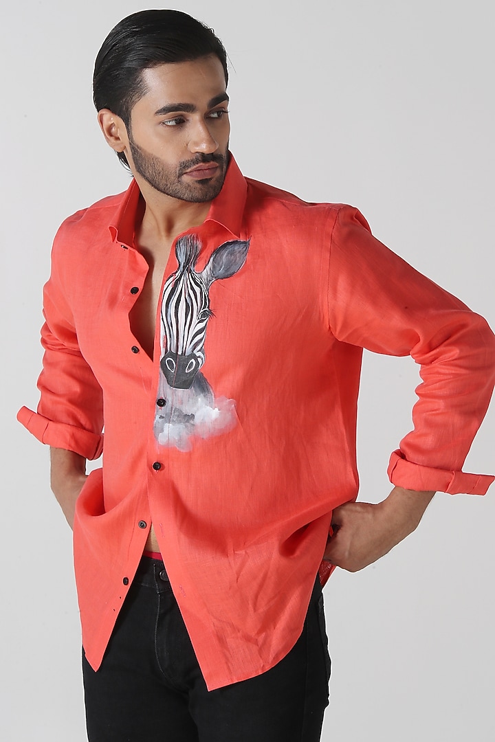 Orange Linen Hand Painted Party Wear Shirt by Vasnam Jaipur at Pernia's Pop Up Shop