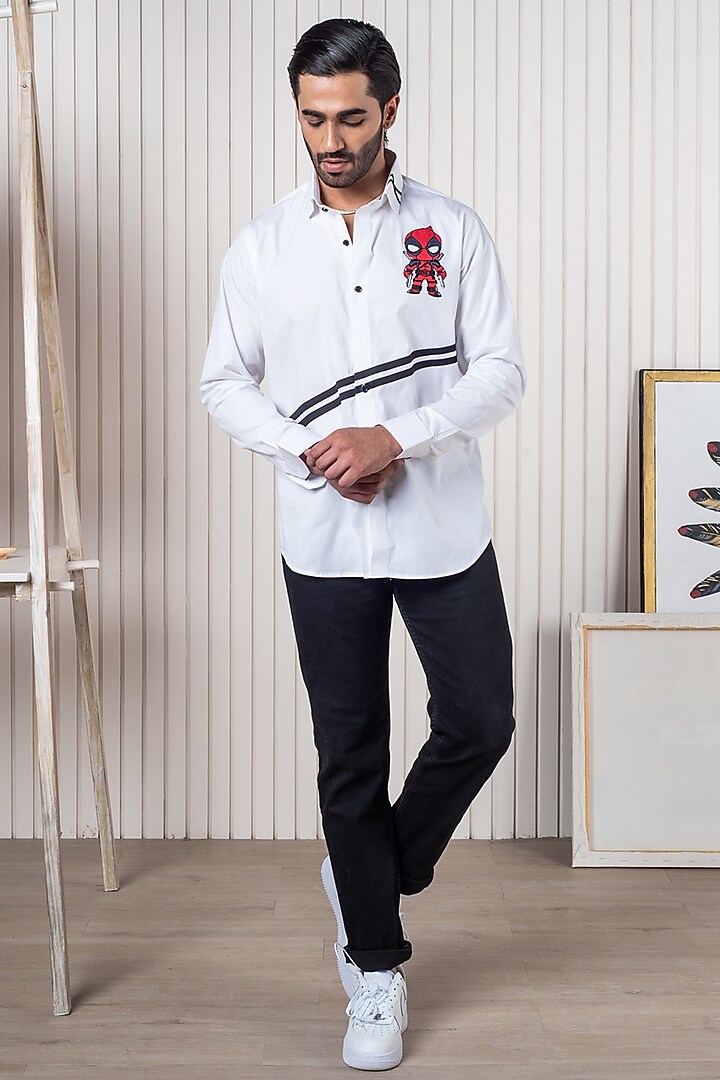 White Egyptian Giza Cotton Embroidered Party Wear Shirt by Vasnam Jaipur at Pernia's Pop Up Shop