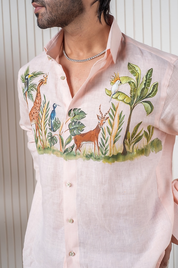 Peach Egyptian Giza Cotton Hand Painted Party Wear Shirt by Vasnam Jaipur at Pernia's Pop Up Shop