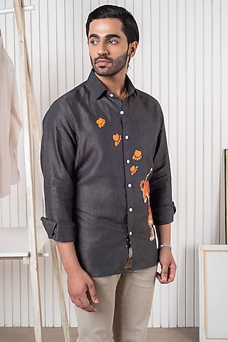 Black Linen Hand Painted Shirt by Vasnam Jaipur