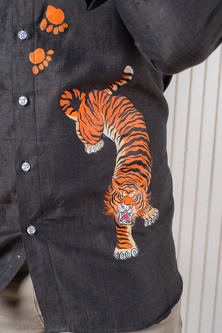 Black Linen Hand Painted Party Wear Shirt by Vasnam Jaipur at Pernia's Pop Up Shop