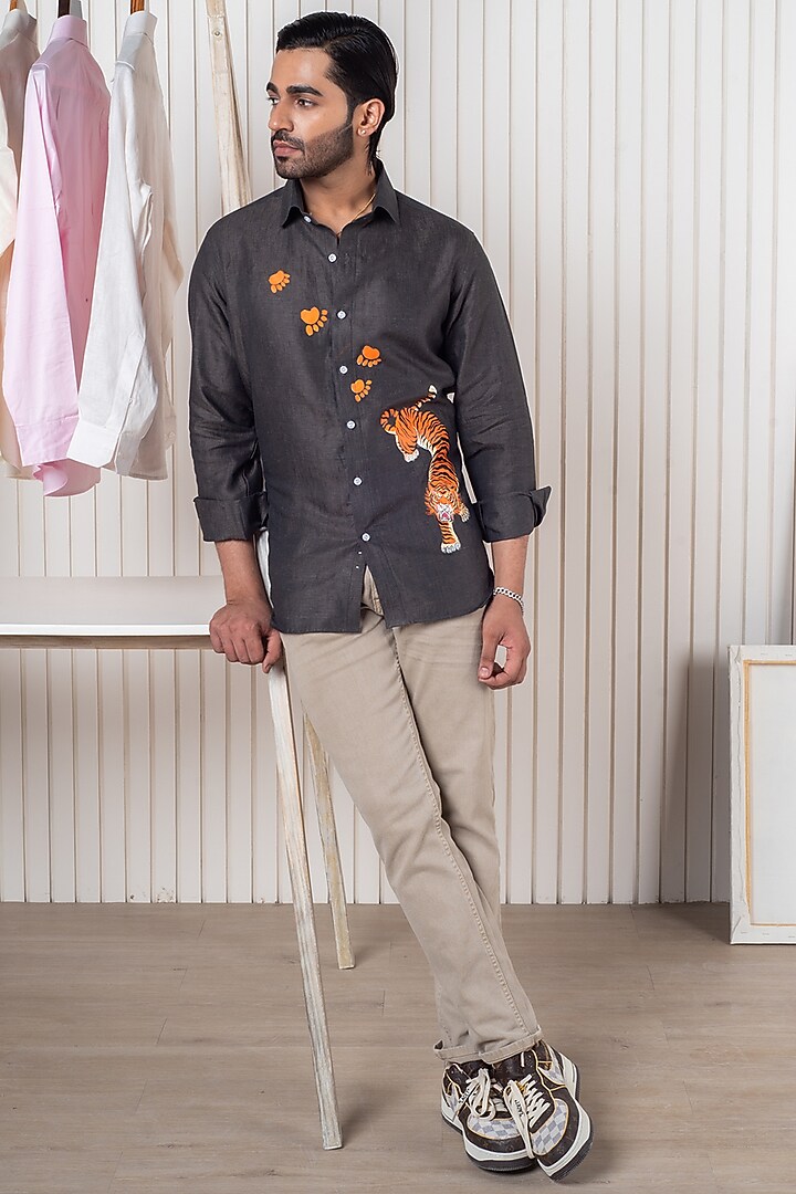 Black Linen Hand Painted Party Wear Shirt by Vasnam Jaipur at Pernia's Pop Up Shop