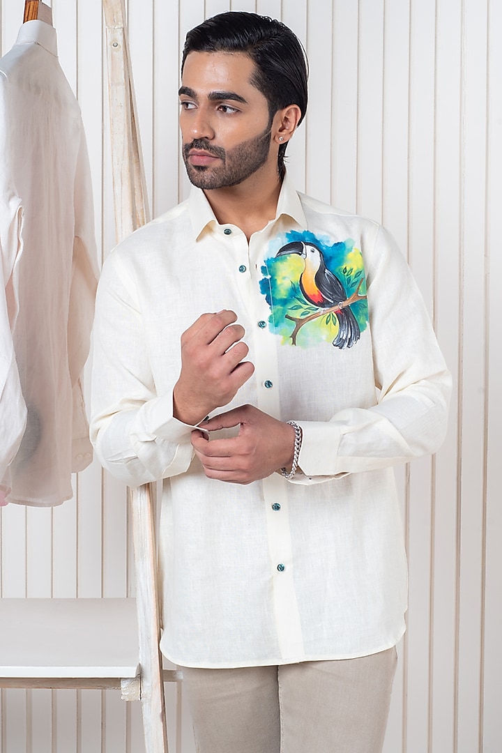 Ivory Linen Hand Painted Shirt by Vasnam Jaipur