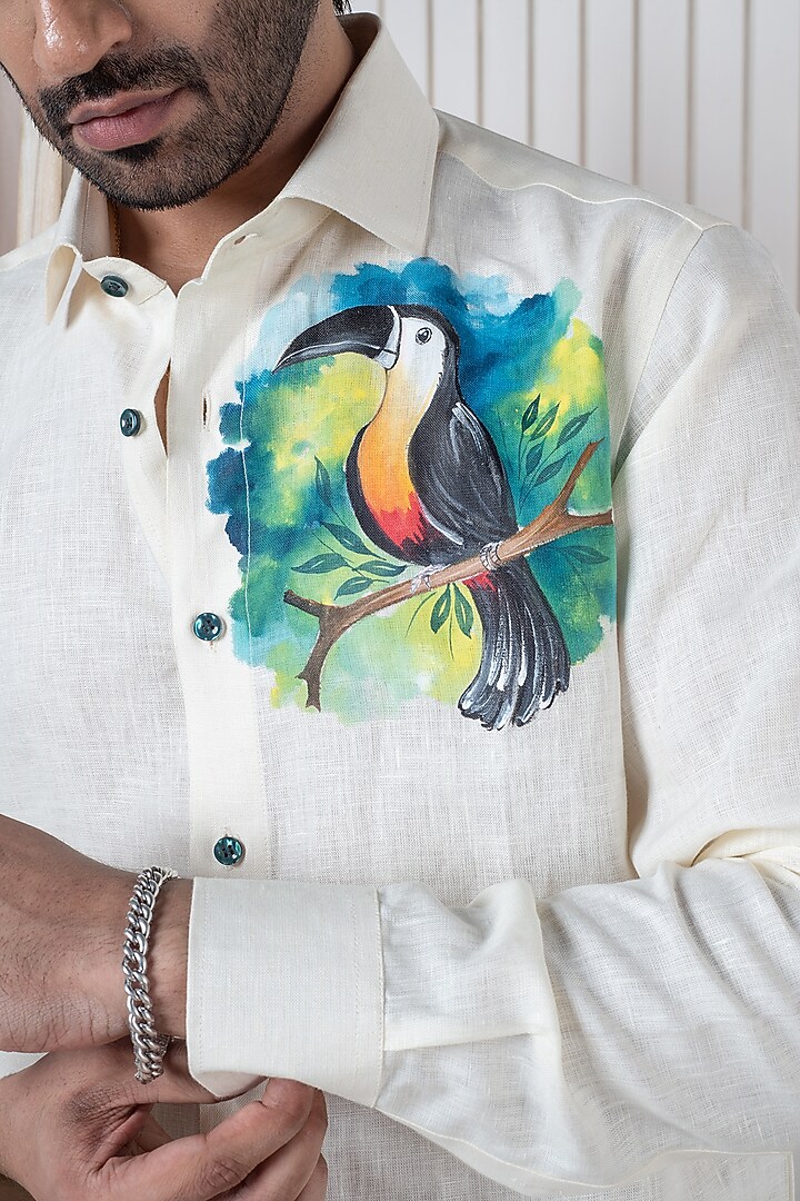 Ivory Linen Hand Painted Party Wear Shirt by Vasnam Jaipur at Pernia's Pop Up Shop