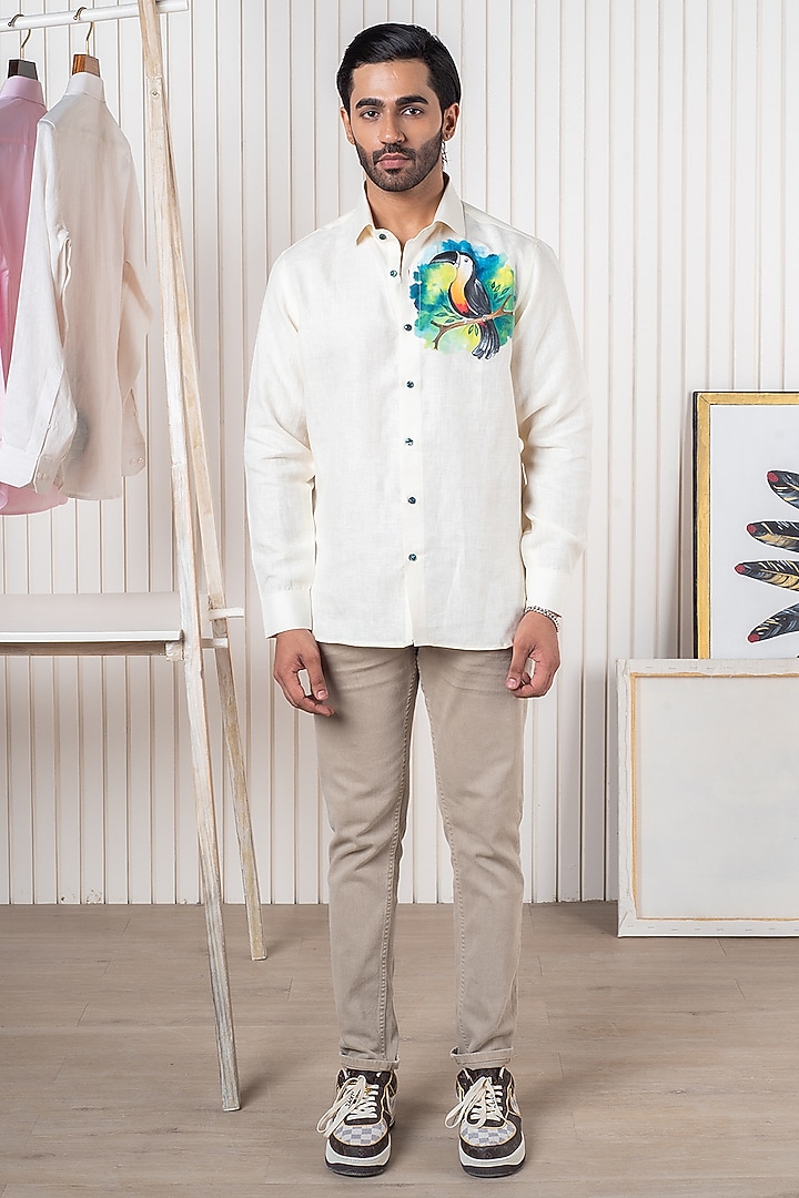 Ivory Linen Hand Painted Party Wear Shirt by Vasnam Jaipur at Pernia's Pop Up Shop