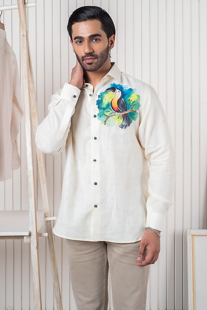 Ivory Linen Hand Painted Party Wear Shirt by Vasnam Jaipur at Pernia's Pop Up Shop
