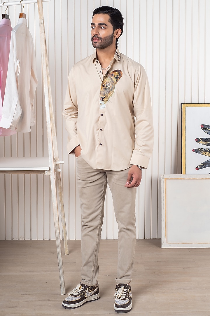 Beige Egyptian Giza Cotton Summer Shirt by Vasnam Jaipur at Pernia's Pop Up Shop