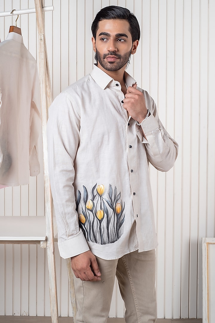 Ivory Linen Hand Painted Shirt by Vasnam Jaipur