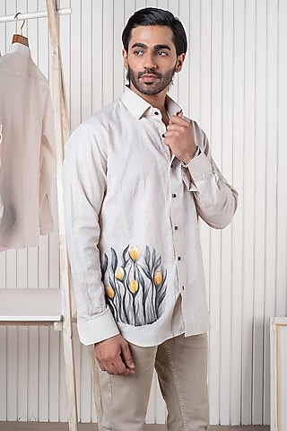 Ivory Linen Hand Painted Shirt by Vasnam Jaipur